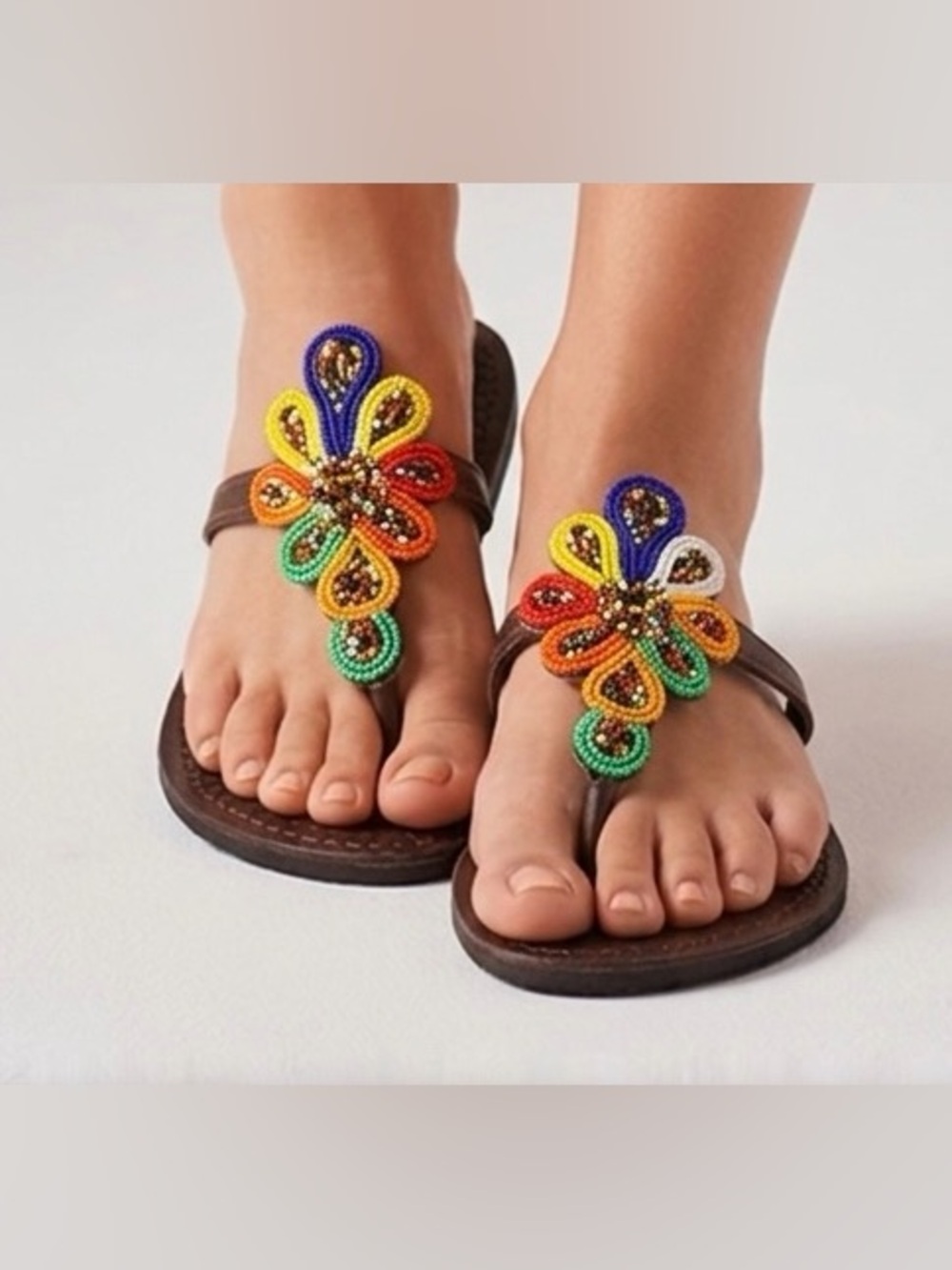 Brown Leather Beaded Sandals | Floral Boho Flats | Summer Slip-On Sandals